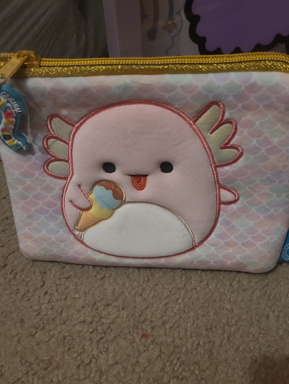 Squishmallows Pink Axolotl Ice Cream Plush Pouch with Gold Zipper